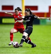 29 May 2021; Lauren Dwyer of Wexford Youths in action against Emily Whelan of Shelbourne during the SSE Airtricity Women's National League match between Shelbourne and Wexford Youths at Tolka Park in Dublin. Photo by Piaras Ó Mídheach/Sportsfile