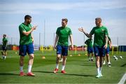 1 June 2021; Players, from left, Matt Doherty, Ronan Curtis and James McClean  during a Republic of Ireland training session at PGA Catalunya Resort in Girona, Spain. Photo by Stephen McCarthy/Sportsfile