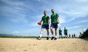 1 June 2021; Matt Doherty, left, and Conor Hourihane arrive for a Republic of Ireland training session at PGA Catalunya Resort in Girona, Spain. Photo by Stephen McCarthy/Sportsfile