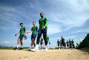 1 June 2021; Players, from left, Danny Mandroiu, Lee O'Connor and Gavin Bazunu arrive for a Republic of Ireland training session at PGA Catalunya Resort in Girona, Spain. Photo by Stephen McCarthy/Sportsfile