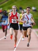 29 May 2021; Kelvin O Carroll of Dooneen AC, Limerick, left, and Oisin Kelly of Cranford AC, Donegal, competing in the Men's 800m C event during the Belfast Irish Milers' Meeting at Mary Peters Track in Belfast. Photo by Sam Barnes/Sportsfile