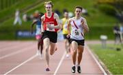 29 May 2021; Kelvin O Carroll of Dooneen AC, Limerick, left, and Oisin Kelly of Cranford AC, Donegal, competing in the Men's 800m C event during the Belfast Irish Milers' Meeting at Mary Peters Track in Belfast. Photo by Sam Barnes/Sportsfile