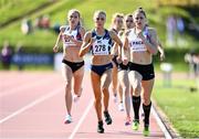29 May 2021; Alexandra Bell of Pudsey and Bramley AC, England, centre, on her way to winning, the Women's 800m A event, ahead of Georgie Hartigan of Dundrum South Dublin AC, left, and paced by Sinead Denny of Dundrum South Dublin AC, right, during the Belfast Irish Milers' Meeting at Mary Peters Track in Belfast. Photo by Sam Barnes/Sportsfile