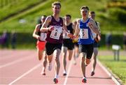 29 May 2021; Cormac Dalton of Mullingar Harriers, Westmeath, left, and Seán Donoghue of Celtic DCH AC, Dublin, competing in the Men's 1500m A event during the Belfast Irish Milers' Meeting at Mary Peters Track in Belfast. Photo by Sam Barnes/Sportsfile
