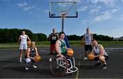 2 June 2021; In attendance at the launch of Basketball Ireland’s nationwide '3x3 Roadshow' at the National Basketball Arena in Dublin, as basketball prepares to return to competitive action on June 7th are, Ireland internationals Áine O’Connor, left, and Gráinne Dwyer with 3x3 players Liamonas Jonaitis, Jack Mangan, Igor Markiewicz and Seamus Hickey at the National Basketball Arena Photo by Brendan Moran/Sportsfile