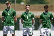 2 June 2021; Mark McGuinness, Andy Lyons and Will Ferry of Republic of Ireland during the National Anthem prior to U21 International friendly match between Australia and Republic of Ireland at Marbella Football Centre in Marbella, Spain. Photo by Mateo Villalba Sanchez/Sportsfile