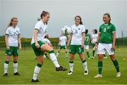 2 June 2021; Rebecca Watkins is watched by team-mates, from left, Aoibheann Clancy, Niamh Fahey and Katie McCabe during a Republic of Ireland home-based training session at FAI Headquarters in Abbotstown, Dublin. Photo by David Fitzgerald/Sportsfile