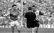 2 June 1991; Liam Hayes of Meath, left, and Dave Foran of Dublin are spoken to by referee Tommy Howard during the Leinster Senior Football Championship Preliminary Round match between Dublin and Meath at Croke Park in Dublin. Photo by Ray McManus/Sportsfile