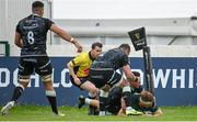 4 June 2021; Shane Delahunt of Connacht scores his side's first try despite the efforts of Ospreys players, from left, Ethan Roots, Sam Parry and Dewi Cross during the Guinness PRO14 Rainbow Cup match between Connacht and Ospreys at The Sportsground in Galway. Photo by Sam Barnes/Sportsfile