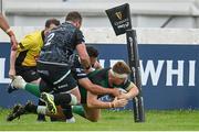 4 June 2021; Shane Delahunt of Connacht scores his side's first try despite the efforts of Sam Parry, 2, and Dewi Cross, both of Ospreys during the Guinness PRO14 Rainbow Cup match between Connacht and Ospreys at The Sportsground in Galway. Photo by Sam Barnes/Sportsfile