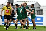 4 June 2021; Bundee Aki of Connacht, right, celebrates with team-mates after scoring his side's second try during the Guinness PRO14 Rainbow Cup match between Connacht and Ospreys at The Sportsground in Galway. Photo by Sam Barnes/Sportsfile