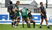 4 June 2021; Bundee Aki of Connacht, centre, celebrates with team-mates including Alex Wootton, 15, after scoring his side's second try during the Guinness PRO14 Rainbow Cup match between Connacht and Ospreys at The Sportsground in Galway. Photo by Sam Barnes/Sportsfile
