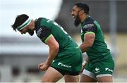 4 June 2021; Connacht players Tom Daly, left, and Bundee Aki celebrate defensive work by team-mate Jack Carty, that resulted in a first-half turnover, during the Guinness PRO14 Rainbow Cup match between Connacht and Ospreys at The Sportsground in Galway. Photo by Piaras Ó Mídheach/Sportsfile