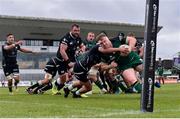 4 June 2021; Shane Delahunt of Connacht on his way to scoring his sides first try despite the tackle of Dewi Cross of Ospreys during the Guinness PRO14 Rainbow Cup match between Connacht and Ospreys at The Sportsground in Galway. Photo by Sam Barnes/Sportsfile