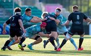 04 June 2021; Sam Johnson of Glasgow Warriors is tackled by Caelan Doris and Josh van der Flier of Leinster during the Guinness PRO14 Rainbow Cup match between Glasgow Warriors and Leinster at Scotstoun Stadium in Glasgow, Scotland. Photo by Ross MacDonald/Sportsfile