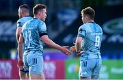 04 June 2021; Luke McGrath, right, of Leinster is congratulated by team-mate Rory O'Loughlin after scoring their side's first try during the Guinness PRO14 Rainbow Cup match between Glasgow Warriors and Leinster at Scotstoun Stadium in Glasgow, Scotland. Photo by Ross MacDonald/Sportsfile