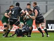 4 June 2021; Bundee Aki of Connacht is tackled by Ospreys players, from left, Dewi Cross, 14, Joe Hawkins, and Bradley Davies, 5, during the Guinness PRO14 Rainbow Cup match between Connacht and Ospreys at The Sportsground in Galway. Photo by Piaras Ó Mídheach/Sportsfile