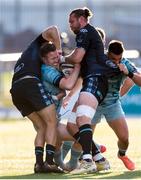 4 June 2021; Rory O'Loughlin of Leinster is tackled by Ryan Wilson and Cole Forbes of Glasgow Warriors during the Guinness PRO14 Rainbow Cup match between Glasgow Warriors and Leinster at Scotstoun Stadium in Glasgow, Scotland. Photo by Ross MacDonald/Sportsfile