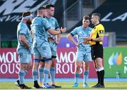 4 June 2021; Leinster players, including Luke McGrath, speak with referee Frank Murphy during the Guinness PRO14 Rainbow Cup match between Glasgow Warriors and Leinster at Scotstoun Stadium in Glasgow, Scotland. Photo by Ross MacDonald/Sportsfile