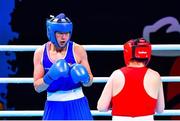 4 June 2021; Aoife O'Rourke of Ireland, left, and Viktoryia Kebikava of Belarus in their middleweight 75kg round of 16 bout on day one of the Road to Tokyo European Boxing Olympic qualifying event at Le Grand Dome in Paris, France. Photo by Baptiste Fernandez/Sportsfile