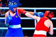 4 June 2021; Aoife O'Rourke of Ireland, left, and Viktoryia Kebikava of Belarus in their middleweight 75kg round of 16 bout on day one of the Road to Tokyo European Boxing Olympic qualifying event at Le Grand Dome in Paris, France. Photo by Baptiste Fernandez/Sportsfile