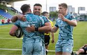 4 June 2021; Hugo Keenan of Leinster celebrates his try with Cian Kelleher and Garry Ringrose before it is disallowed during the Guinness PRO14 Rainbow Cup match between Glasgow Warriors and Leinster at Scotstoun Stadium in Glasgow, Scotland. Photo by Ross MacDonald/Sportsfile