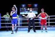 4 June 2021; Michaela Walsh of Ireland celebrates victory in her featherweight 57kg bout against Mona Mestiaen of France on day one of the Road to Tokyo European Boxing Olympic qualifying event at Le Grand Dome in Paris, France. Photo by Sportsfile