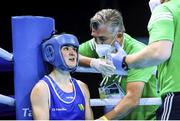 4 June 2021; Kellie Harrington of Ireland with her coach John Conlan during her lightweight 60kg bout against Aneta Rygielska of Poland in theiron day one of the Road to Tokyo European Boxing Olympic qualifying event at Le Grand Dome in Paris, France. Photo by Sportsfile