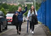 5 June 2021; Antrim supporters Bronagh O'Kane, left, and Dearbhla Elliott arrive prior to the Allianz Hurling League Division 1 Group B Round 4 match between Antrim and Wexford at Corrigan Park in Belfast. Photo by David Fitzgerald/Sportsfile