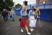 5 June 2021; Wexford supporters, from left, Kate Tobin, Catherine O'Rourke and Hayley Cahill, from Enniscorthy, Co Wexford, arrive prior to the Allianz Hurling League Division 1 Group B Round 4 match between Antrim and Wexford at Corrigan Park in Belfast. Photo by David Fitzgerald/Sportsfile