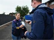 5 June 2021; Wexford supporter Marie-Claire Houston, from Belfast, has her ticket scanned prior to the Allianz Hurling League Division 1 Group B Round 4 match between Antrim and Wexford at Corrigan Park in Belfast. Photo by David Fitzgerald/Sportsfile