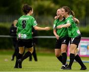 5 June 2021; Megan Smyth-Lynch of Peamount United celebrates after scoring the first goal with team-mates, Sabhdh Doyle, left, and Dearbhaile Beirne, right, during the SSE Airtricity Women's National League match between Peamount United and Wexford Youths at PLR Park in Greenogue, Dublin. Photo by Matt Browne/Sportsfile