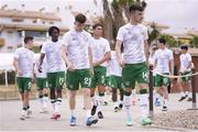 5 June 2021; Alex Gilbert of Republic of Ireland leads his team-mates out to warm up before the U21 international friendly match between Republic of Ireland and Denmark at Dama de Noche Football Centre in Marbella, Spain. Photo by Mateo Villalba Sanchez/Sportsfile