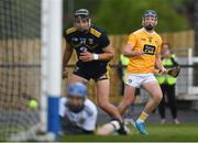 5 June 2021; Keelan Molloy of Antrim looks on as Wexford goalkeeper Mark Fanning saves his shot off the line during the Allianz Hurling League Division 1 Group B Round 4 match between Antrim and Wexford at Corrigan Park in Belfast. Photo by David Fitzgerald/Sportsfile