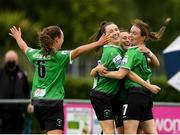 5 June 2021; Megan Smyth-Lynch of Peamount United ,centre,  celebrates after scoring the first goal with team-mates ,from left, Lucy McCartan, Sabhdh Doyle, and Dearbhaile Beirne during the SSE Airtricity Women's National League match between Peamount United and Wexford Youths at PLR Park in Greenogue, Dublin. Photo by Matt Browne/Sportsfile