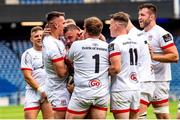 5 June 2021; Adam McBurney of Ulster celebrates his try  with team-mates during the Guinness PRO14 Rainbow Cup match between Edinburgh and Ulster at BT Murrayfield Stadium in Edinburgh, Scotland. Photo by Paul Devlin/Sportsfile
