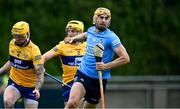5 June 2021; Ronan Hayes of Dublin celebrates scoring his side's first goal as Clare players Rory Hayes, left, and Aaron Fitzgerald look on during the Allianz Hurling League Division 1 Group B Round 4 match between Dublin and Clare at Parnell Park in Dublin. Photo by Piaras Ó Mídheach/Sportsfile