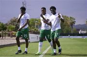 5 June 2021; Republic of Ireland players, from left to right, Bosun Lawal, Jonathan Afolabi and Festy Ebosele before the U21 international friendly match between Republic of Ireland and Denmark at Dama de Noche Football Centre in Marbella, Spain. Photo by Mateo Villalba Sanchez/Sportsfile