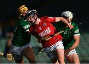 5 June 2021; Ger Millerick of Cork is tackled by Aaron Gillane and Tom Morrissey, left, of Limerick during the Allianz Hurling League Division 1 Group A Round 4 match between Limerick and Cork at LIT Gaelic Grounds in Limerick. Photo by Ray McManus/Sportsfile