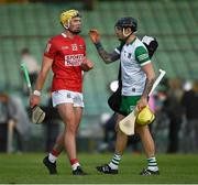 5 June 2021; Seam Twomey of Cork and Limerick goalkeeper Barry Hennessy after the Allianz Hurling League Division 1 Group A Round 4 match between Limerick and Cork at LIT Gaelic Grounds in Limerick. Photo by Ray McManus/Sportsfile