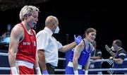 5 June 2021; Kellie Harrington of Ireland, right, is declared the winner over Maïva Hamadouche of France after their lightweight 60kg quarter-final bout on day two of the Road to Tokyo European Boxing Olympic qualifying event at Le Grand Dome in Paris, France. Photo by Sportsfile