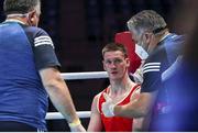 5 June 2021; George Bates of Ireland during his lightweight 63kg round of 16 bout against Javid Chalabiyev of Azerbaijan on day two of the Road to Tokyo European Boxing Olympic qualifying event at Le Grand Dome in Paris, France. Photo by Sportsfile