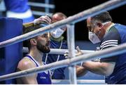 5 June 2021; Kirill Afanasev of Ireland with coach Zaur Antia during his heavyweight 91kg round of 16 bout against Emmanuel Reyes of Spain on day two of the Road to Tokyo European Boxing Olympic qualifying event at Le Grand Dome in Paris, France. Photo by Sportsfile