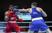 5 June 2021; Kirill Afanasev of Ireland, right, and Emmanuel Reyes of Spain in their heavyweight 91kg round of 16 bout on day two of the Road to Tokyo European Boxing Olympic qualifying event at Le Grand Dome in Paris, France. Photo by Sportsfile