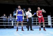 5 June 2021; Emmanuel Reyes of Spain, right, is declared the winner over Kirill Afanasev of Ireland in their heavyweight 91kg round of 16 bout on day two of the Road to Tokyo European Boxing Olympic qualifying event at Le Grand Dome in Paris, France. Photo by Sportsfile