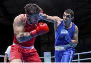 5 June 2021; Gytis Lisinskas of Ireland, left, and Petar Belberov of Bulgaria during their super-heavyweight +91kg round of 16 bout on day two of the Road to Tokyo European Boxing Olympic qualifying event at Le Grand Dome in Paris, France. Photo by Sportsfile