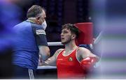 5 June 2021; Gytis Lisinskas of Ireland with coach Zaur Antia during his super-heavyweight +91kg round of 16 bout against Petar Belberov of Bulgaria on day two of the Road to Tokyo European Boxing Olympic qualifying event at Le Grand Dome in Paris, France. Photo by Sportsfile