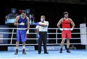 5 June 2021; Petar Belberov of Bulgaria, left, is declared the winner over Gytis Lisinskas of Ireland after their super-heavyweight +91kg round of 16 bout on day two of the Road to Tokyo European Boxing Olympic qualifying event at Le Grand Dome in Paris, France. Photo by Sportsfile