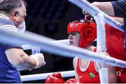 5 June 2021; Aoife O'Rourke of Ireland with coach Zaur Antia during her middleweight 75kg quarter-final bout with Elzbieta Wójcik of Poland on day two of the Road to Tokyo European Boxing Olympic qualifying event at Le Grand Dome in Paris, France. Photo by Sportsfile