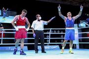 5 June 2021; Luka Plantic of Croatia, right, is declared the winner over Emmet Brennan of Ireland after their light heavyweight 81kg quarter-final bout on day two of the Road to Tokyo European Boxing Olympic qualifying event at Le Grand Dome in Paris, France. Photo by Sportsfile